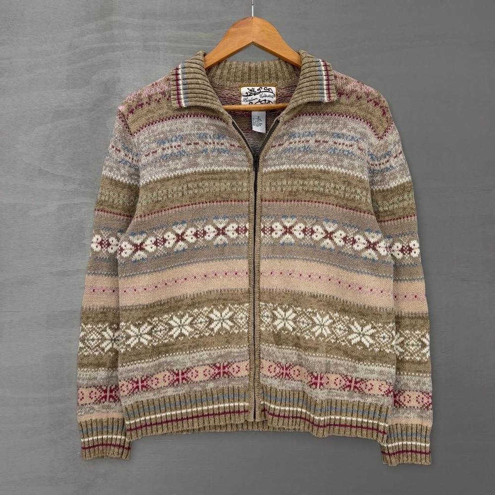 Vintage Retro 80s Cardigan Sweater Brown Fair Isle Snowflake Zip Up Small